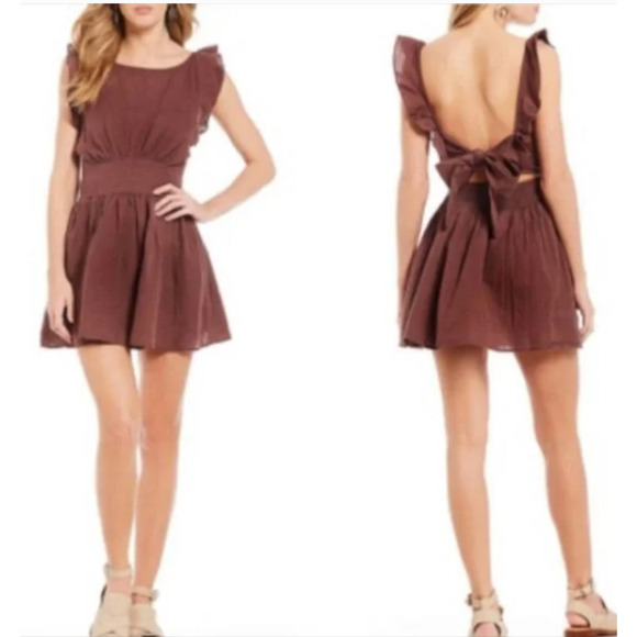 Free People Dresses & Skirts - NEW Free People Brown Linen Open Back Short‎ Dress Full Skirt Brown Summer ~M